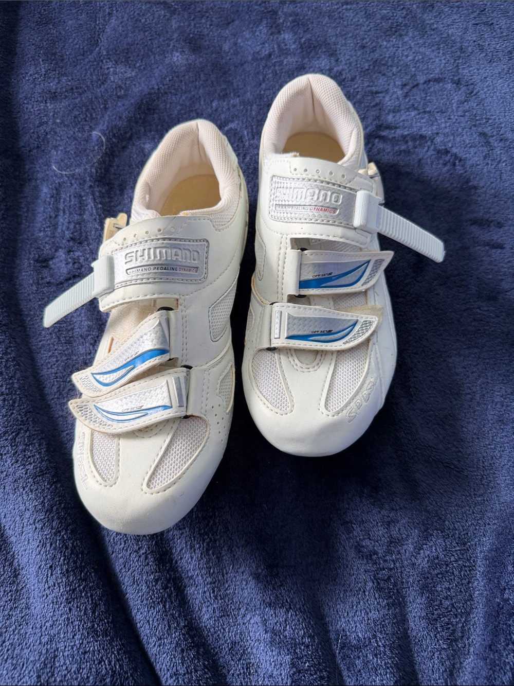 Shimano Woman’s  White and Blue Cycling Clip ins with Velcro Straps